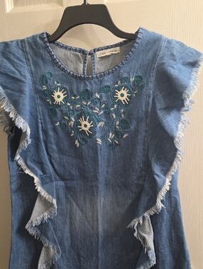 Angel + Premium Blue Denim Sleeveless Tunic with White & Teal Floral Embroidery